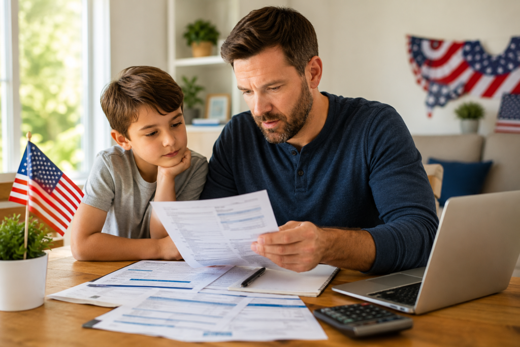Parent reviewing Trump Account enrollment documents with a child before the July 4 program launch.